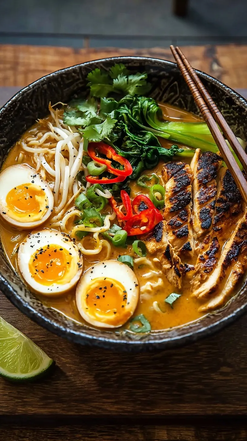 A steaming bowl of creamy peanut miso chicken ramen topped with chili oil and dried chives.