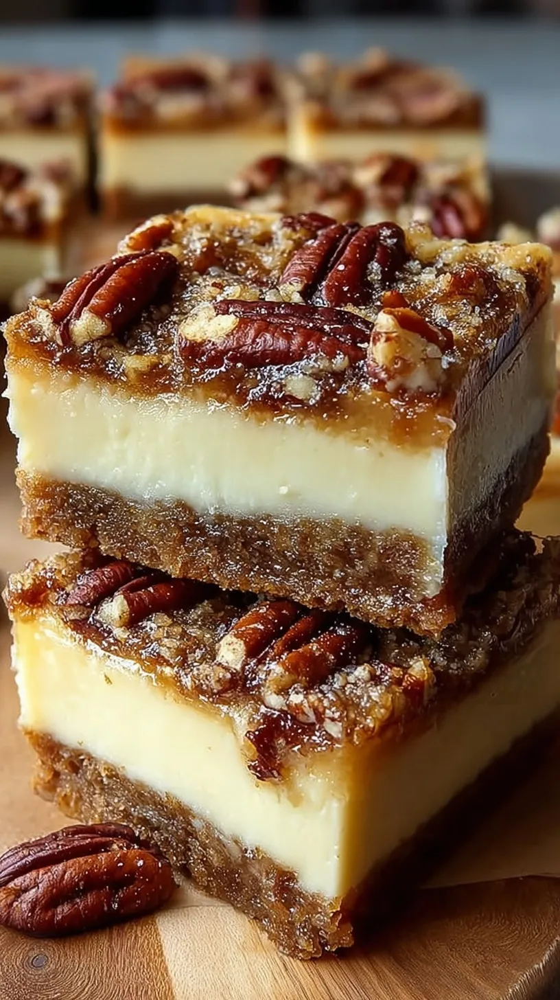 A tray of sliced Pecan Pie Cheesecake Bars with a golden graham cracker crust and glossy pecan topping.