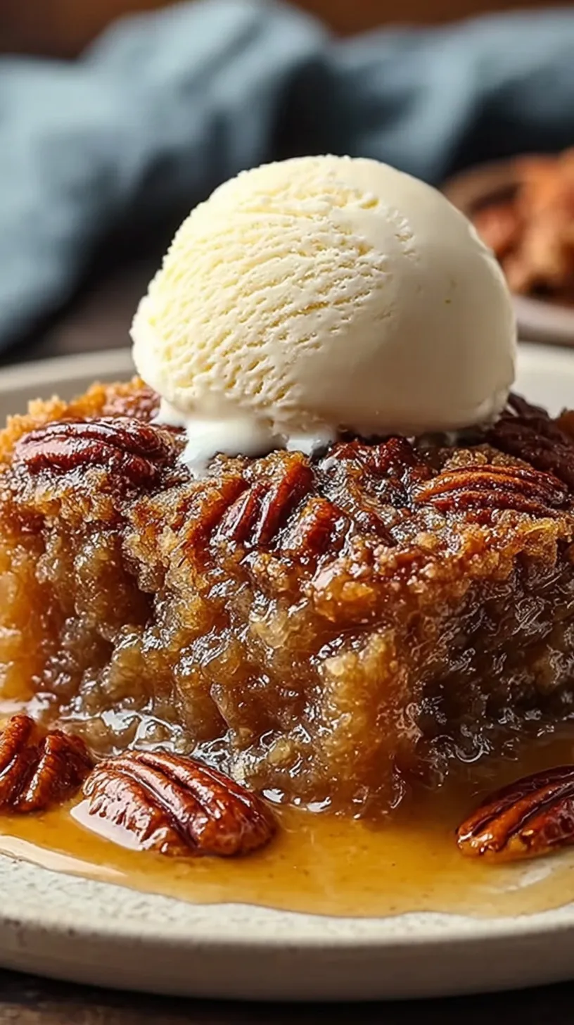 A golden brown Pecan Pie Cobbler in a ceramic baking dish with a scoop of melting vanilla ice cream on top.