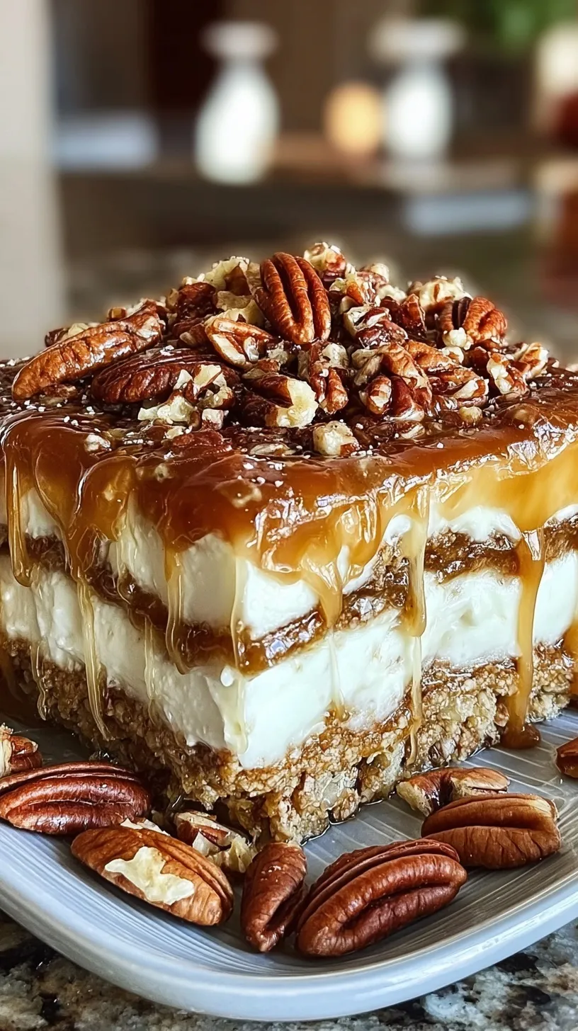 A multi-layered Pecan Pie Lasagna in a glass baking dish with creamy layers and pecan praline topping.