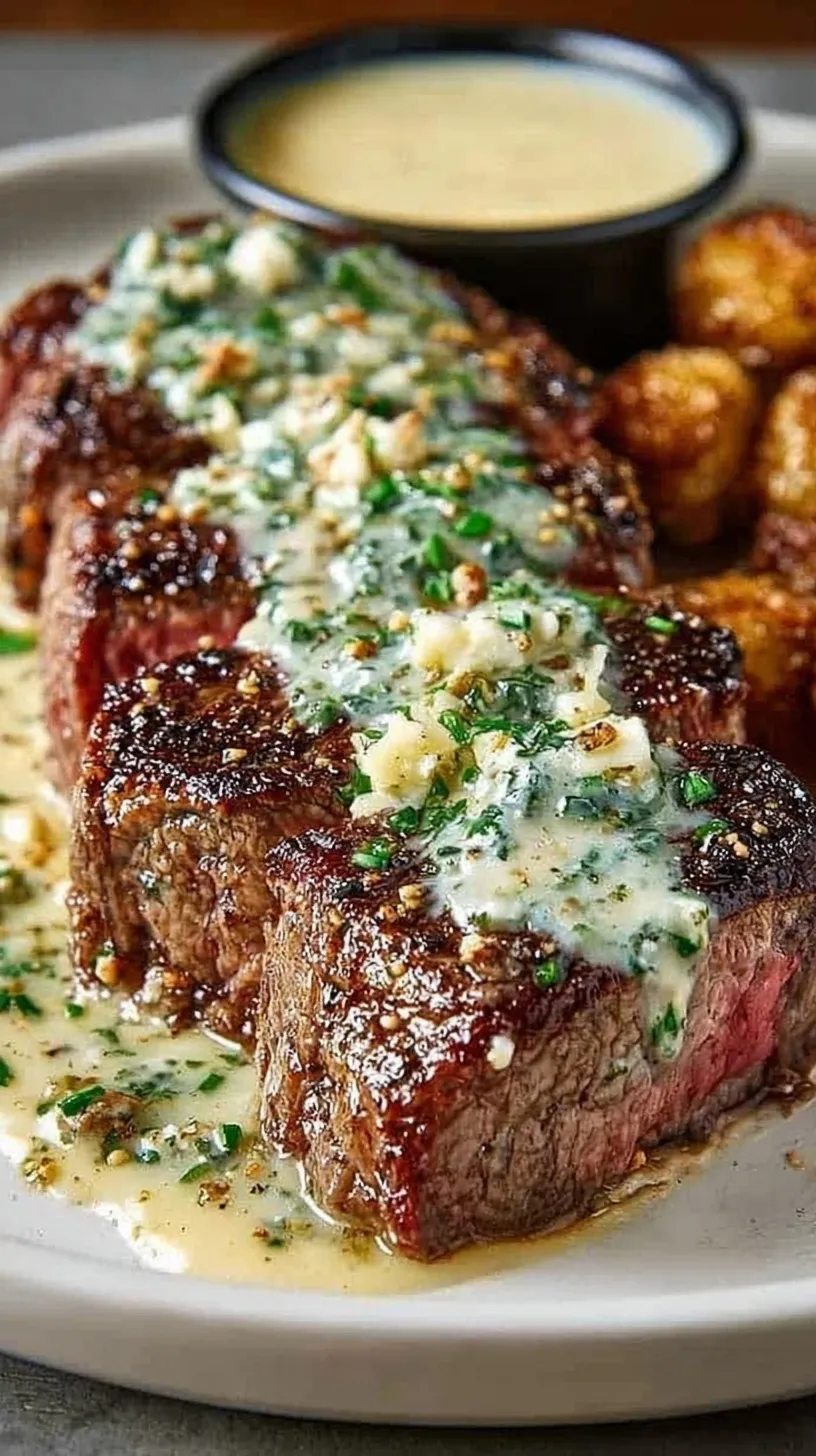 Pan-seared garlic butter steak sliced on a plate with creamy parmesan sauce and fresh parsley garnish
