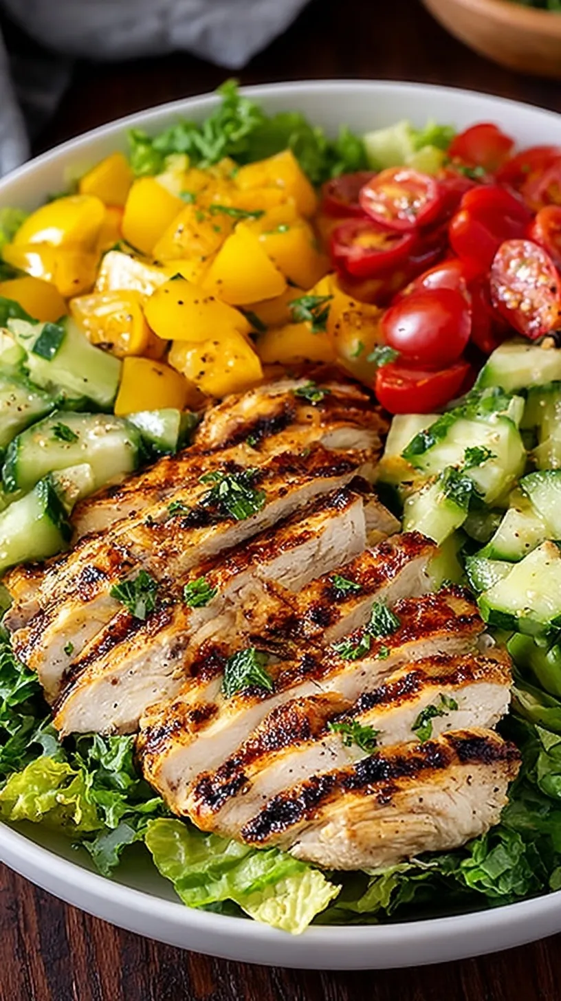 A fresh grilled chicken salad with cherry tomatoes, cucumbers, and feta cheese in a white bowl.