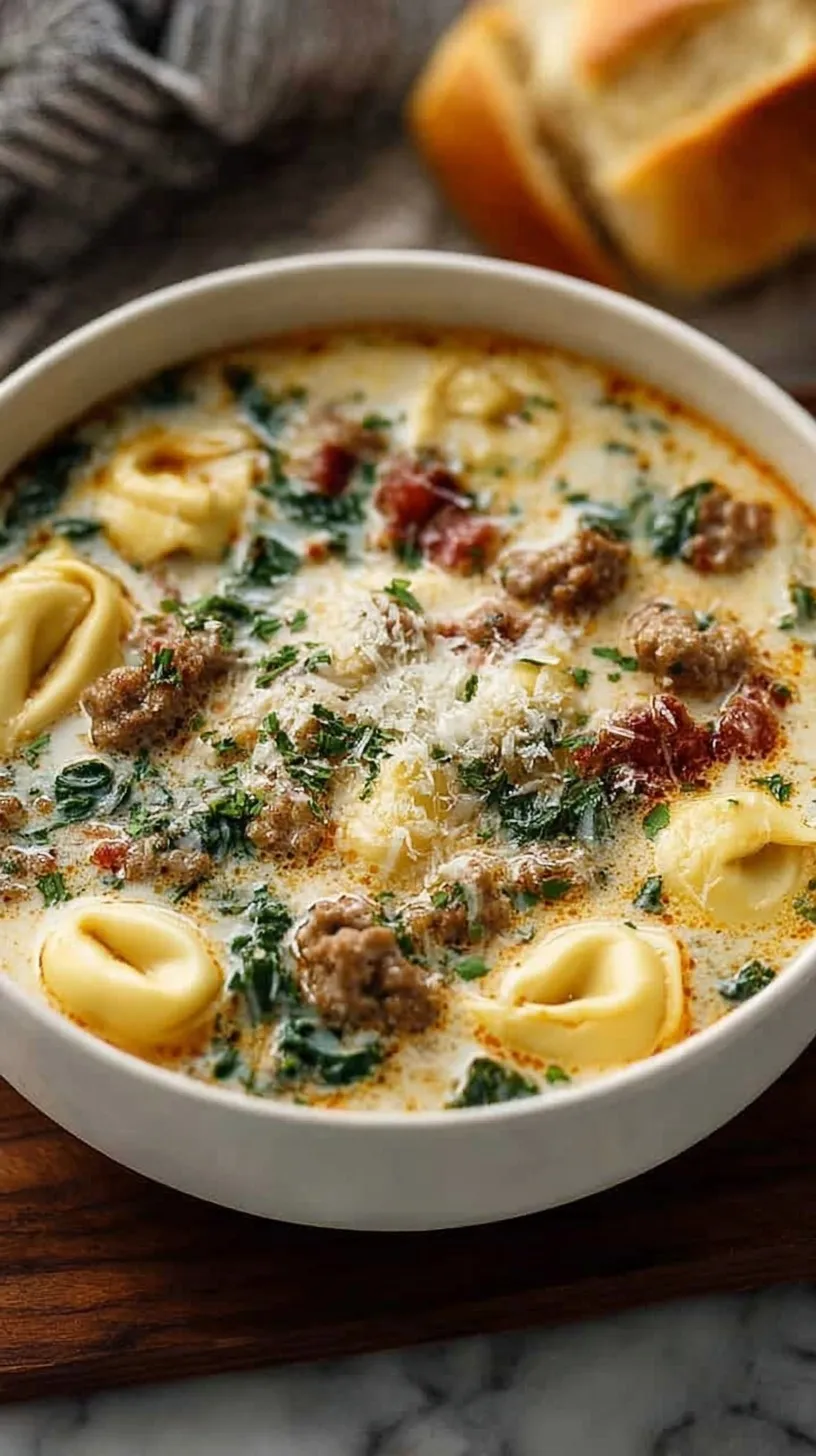 A bowl of creamy tomato soup with cheese tortellini, browned sausage, and fresh spinach topped with parmesan.