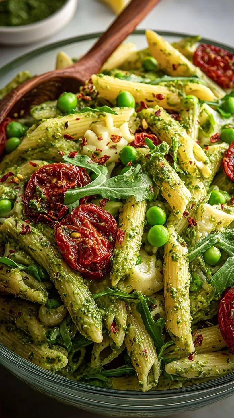 A bowl of pesto pasta salad with cherry tomatoes, mozzarella pearls, and fresh basil