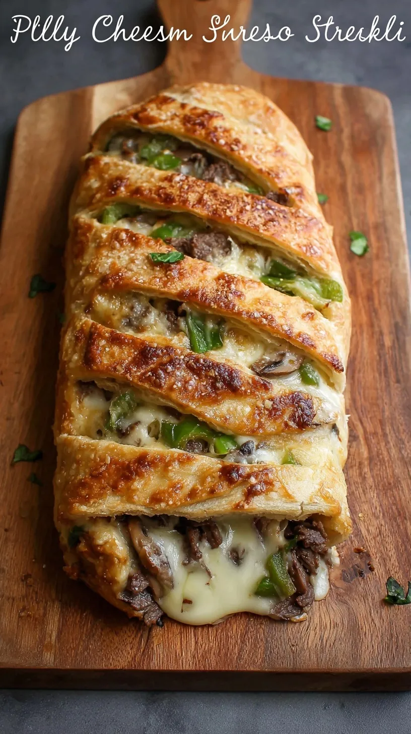 A golden brown Philly Cheese Steak Stromboli sliced on a wooden board with melted cheese oozing out.