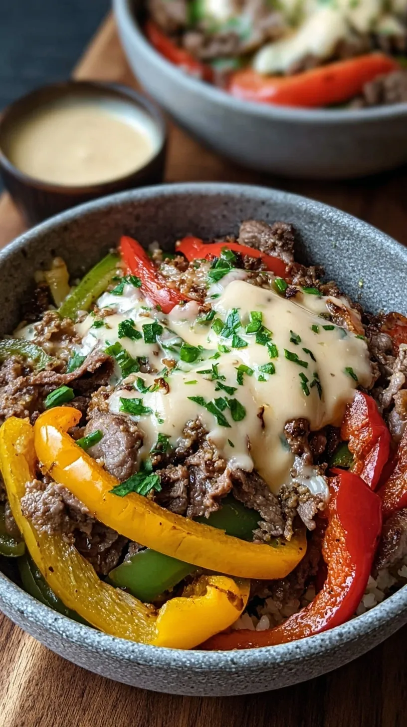 A cast iron skillet filled with sliced steak, sautéed peppers, onions, and melted provolone cheese.