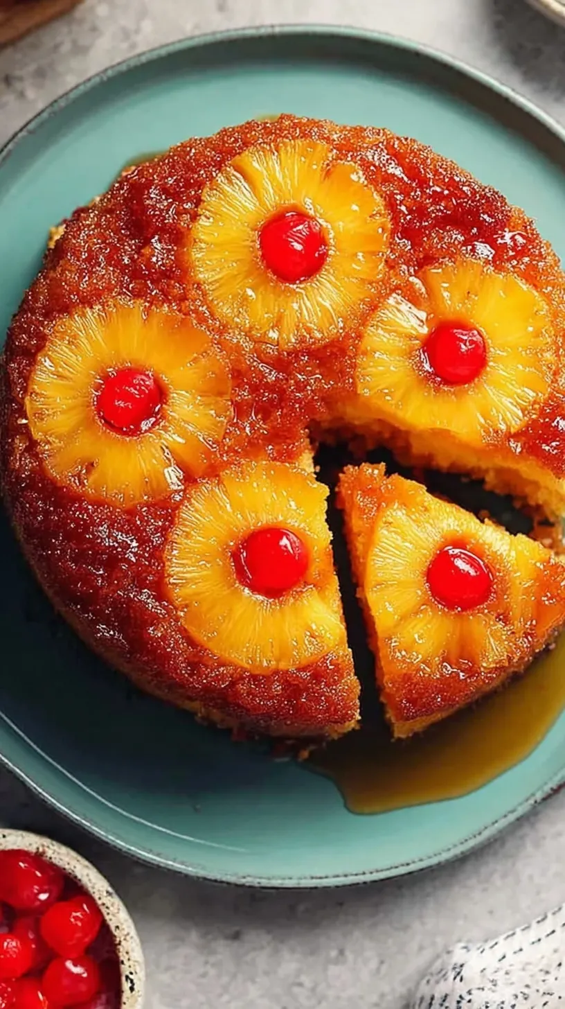 A golden Pineapple Upside Down Cake on a white plate with caramelized pineapple rings and cherries.