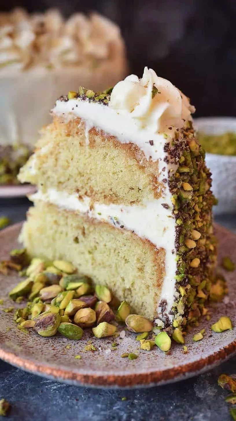 A three-layer pistachio cake with white ricotta frosting and crushed pistachios on the sides