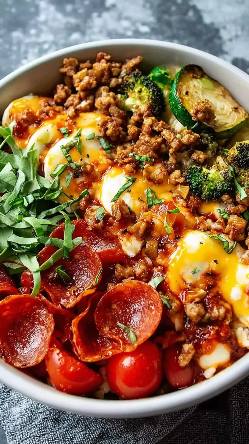 A warm Pizza Protein Bowl topped with melted mozzarella cheese and pepperoni slices in a white bowl.