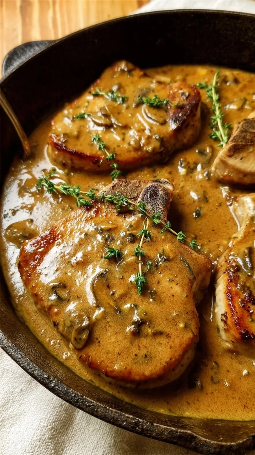 Pan-seared pork chops smothered in rich brown onion gravy in a black skillet