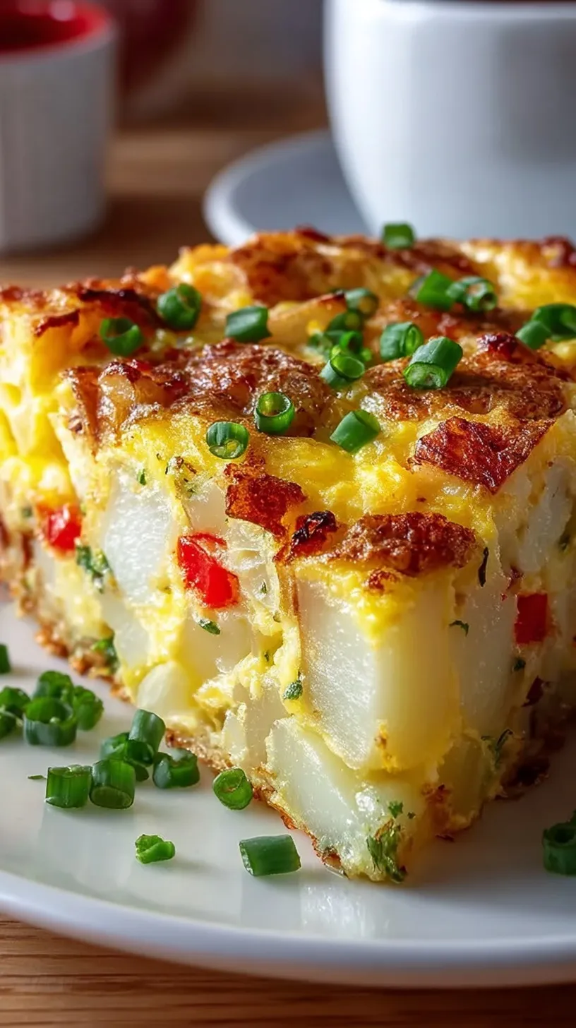 A golden brown potato breakfast casserole with melted cheese and savory sausage in a baking dish.