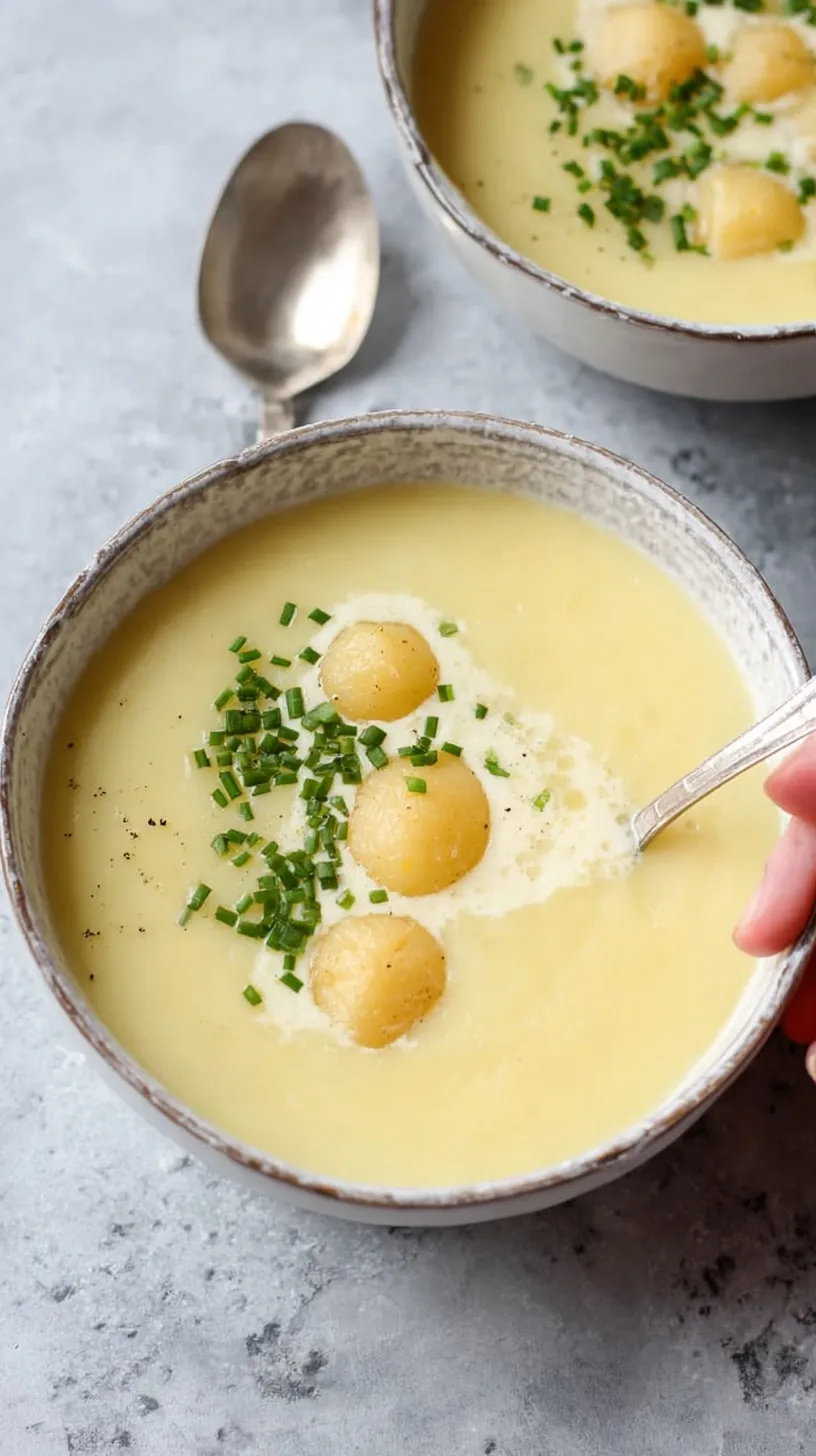 A bowl of creamy potato leek soup topped with fresh chives and a swirl of cream.