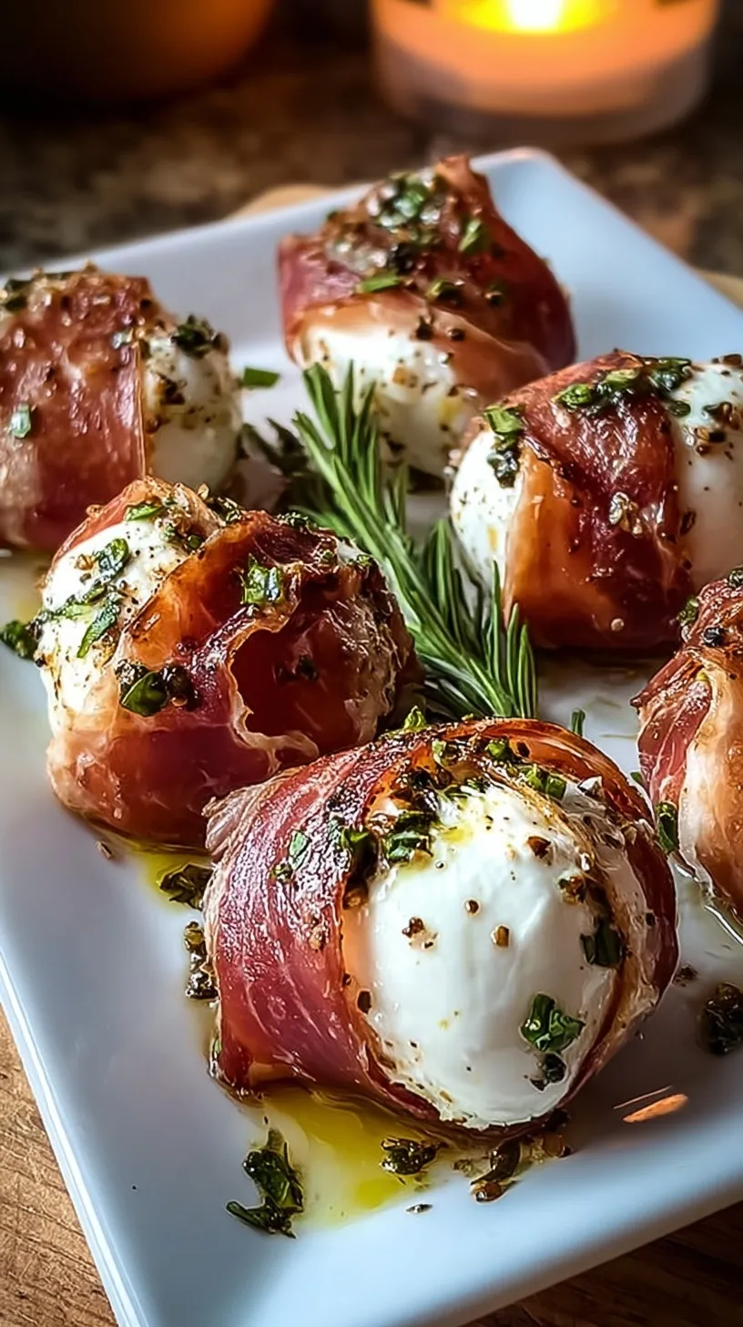 A platter of fresh mozzarella balls wrapped in prosciutto and basil with balsamic drizzle.