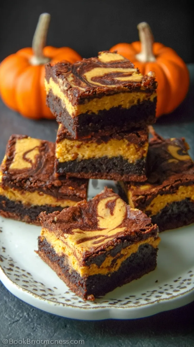 A close up shot of a marbled pumpkin cheesecake brownie showing rich chocolate and orange pumpkin swirls