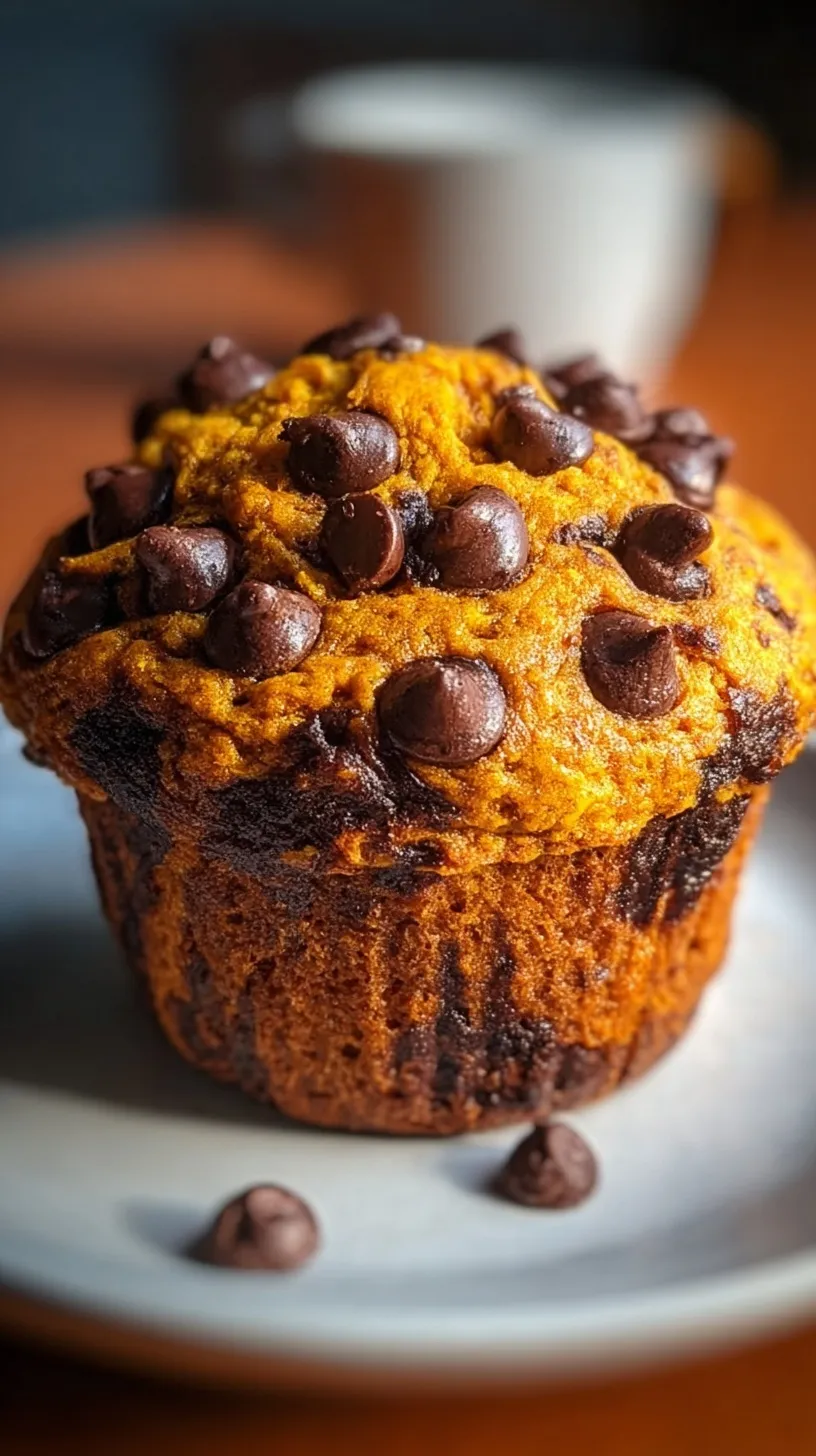 Freshly baked pumpkin chocolate chip muffins on a wire cooling rack with melting chocolate chips