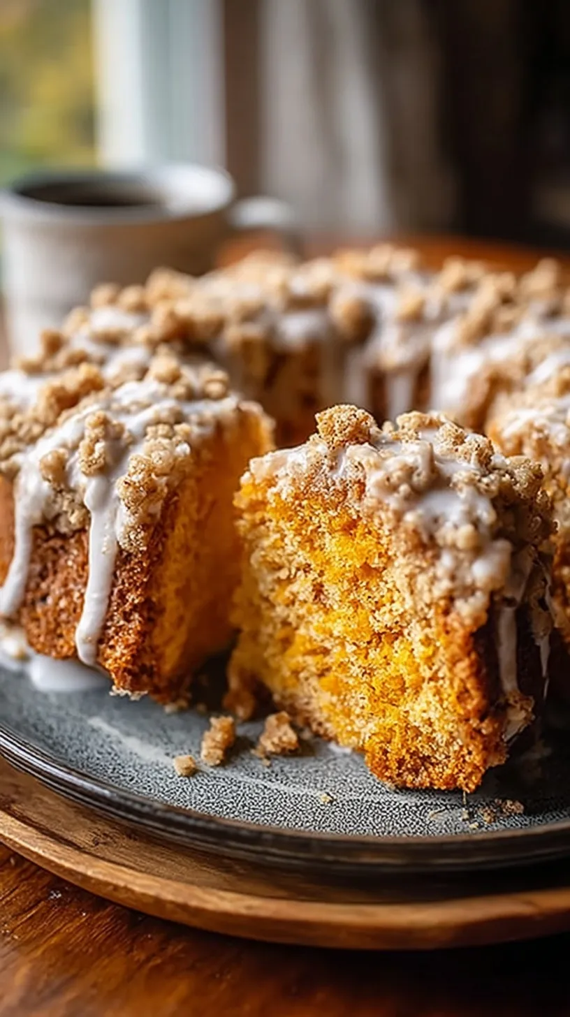 A slice of moist pumpkin coffee cake with a thick layer of golden cinnamon streusel on top