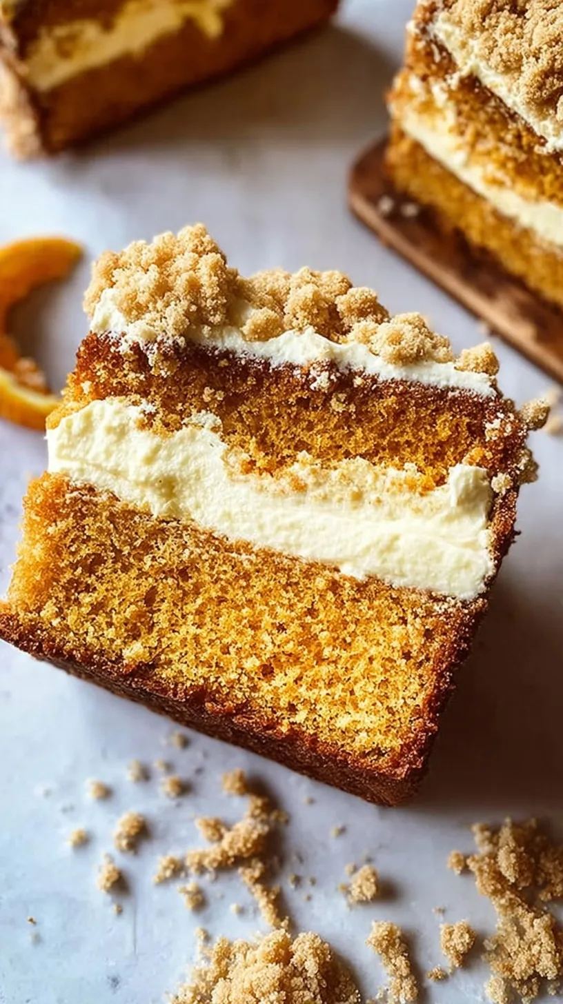 A slice of pumpkin crumb cake showing a creamy center and golden streusel topping