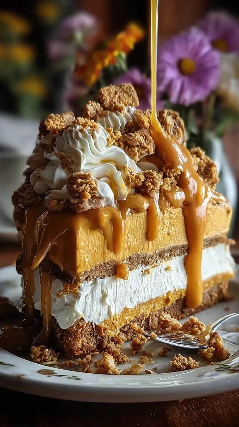 A two-layer pumpkin dream cake with thick white cream cheese frosting on a wooden cake stand.