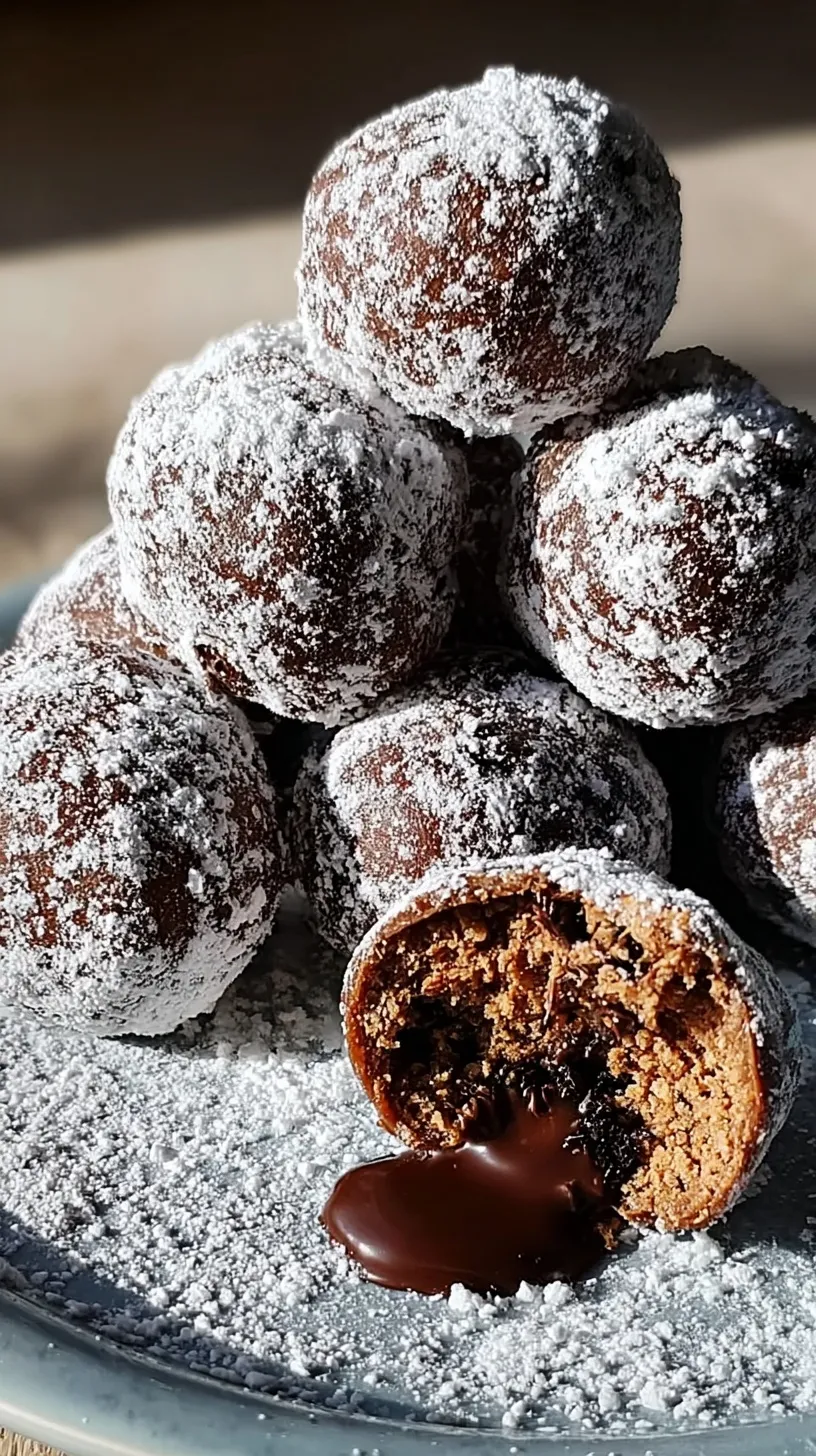 A pile of chocolate truffles coated in white powdered sugar on a blue plate.