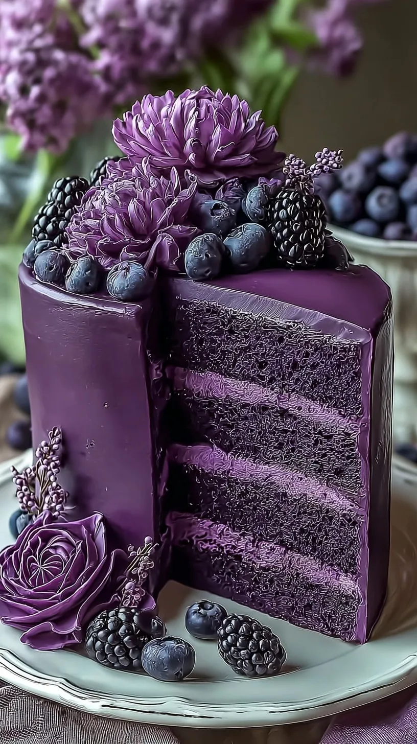A beautiful two-layer purple velvet cake with a fine crumb and vibrant color.