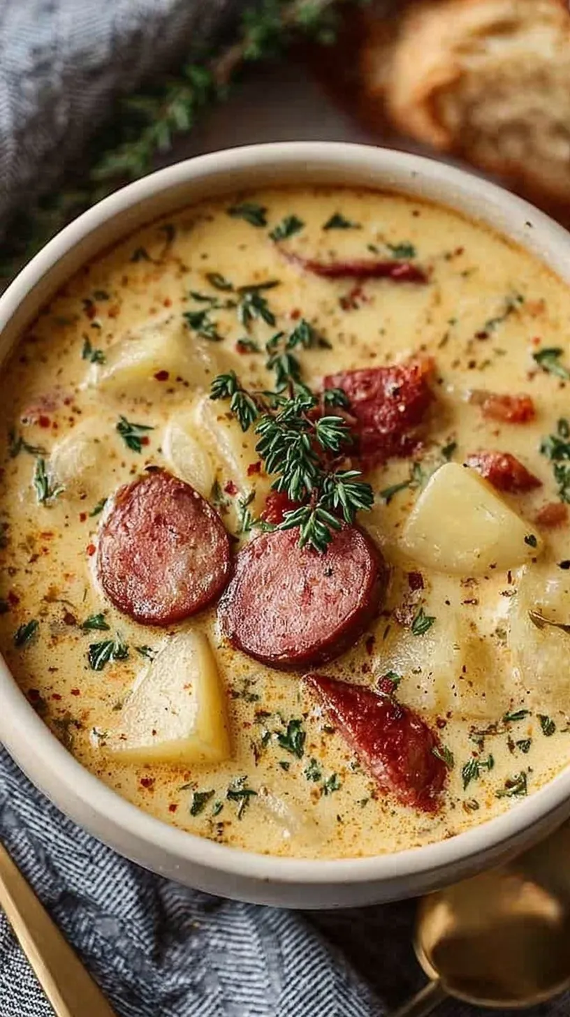 A bowl of creamy potato soup with browned kielbasa slices and fresh parsley garnish