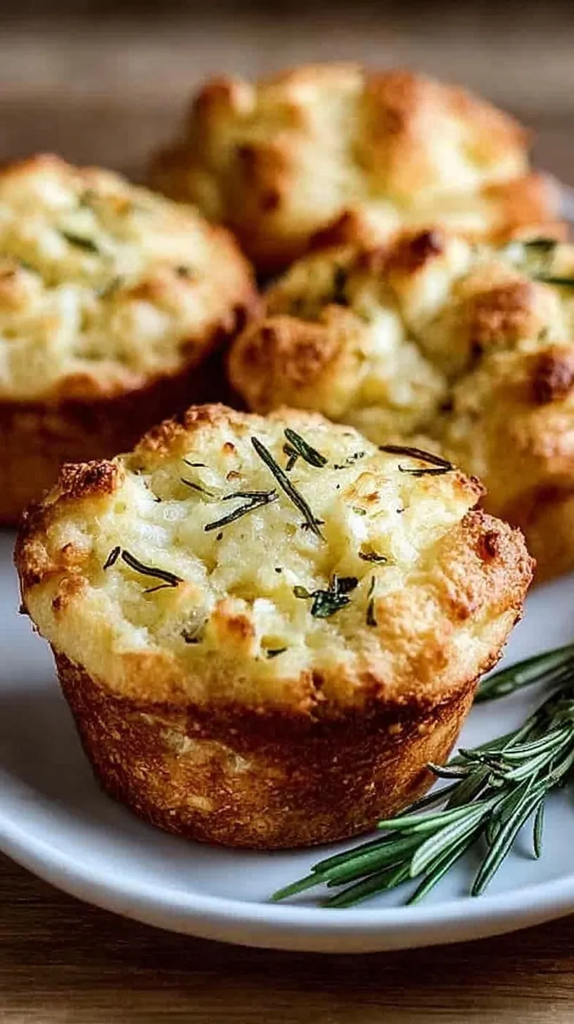 Golden brown garlic rosemary focaccia muffins in a tin with fresh herbs