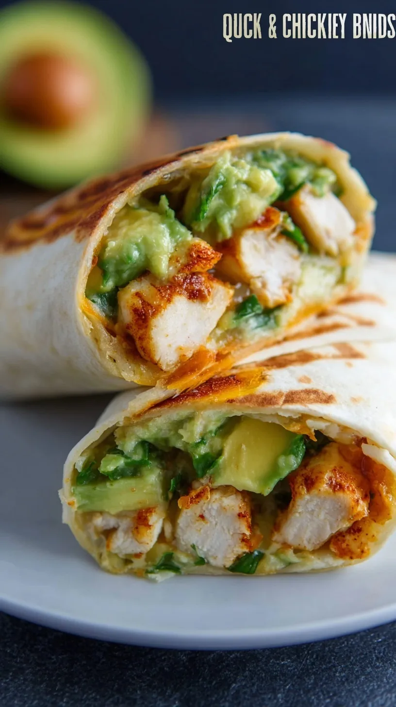 Two crispy chicken burrito wraps sliced in half showing avocado and cheese