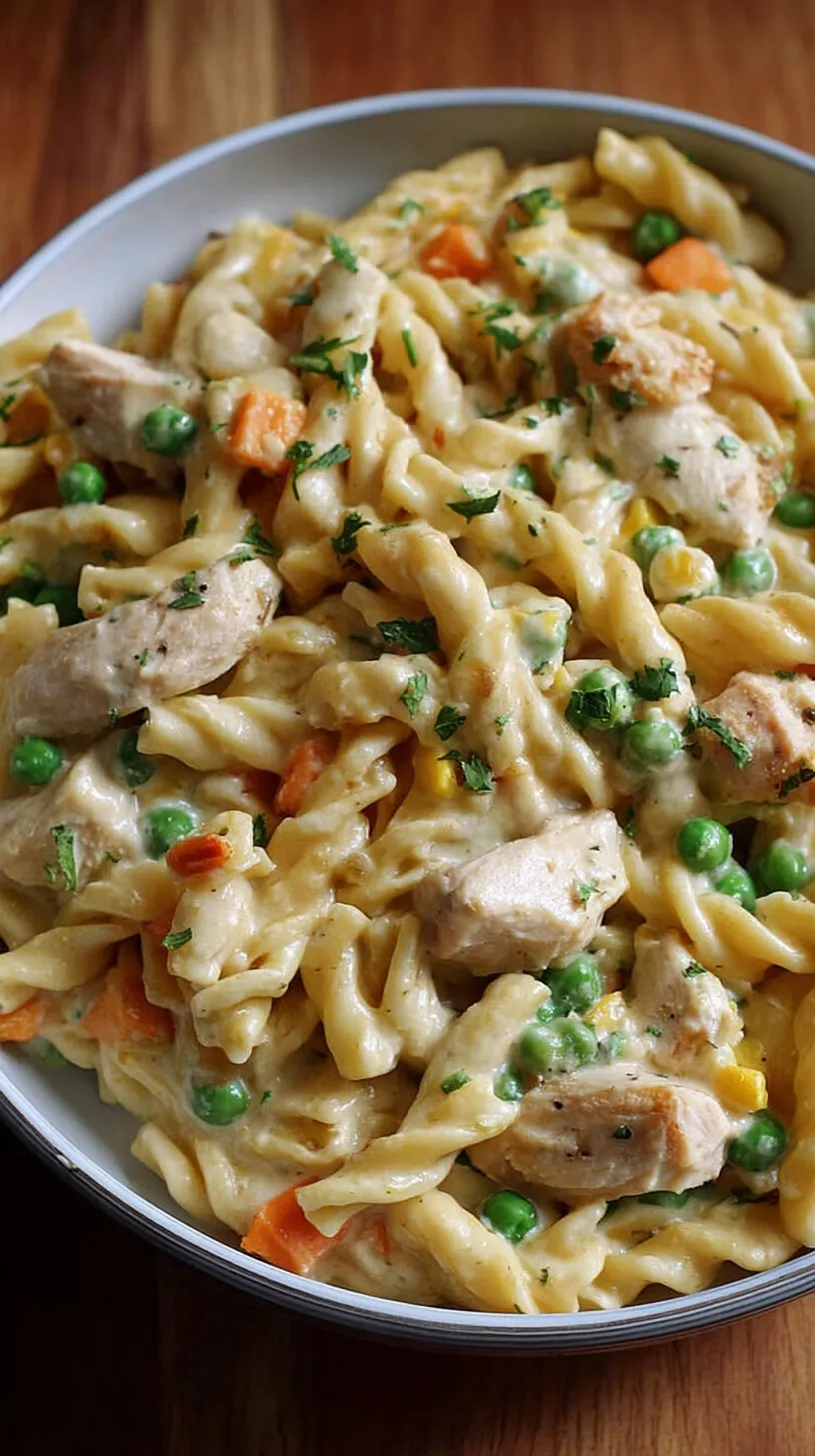A creamy bowl of high-protein chicken pot pie pasta with peas and carrots