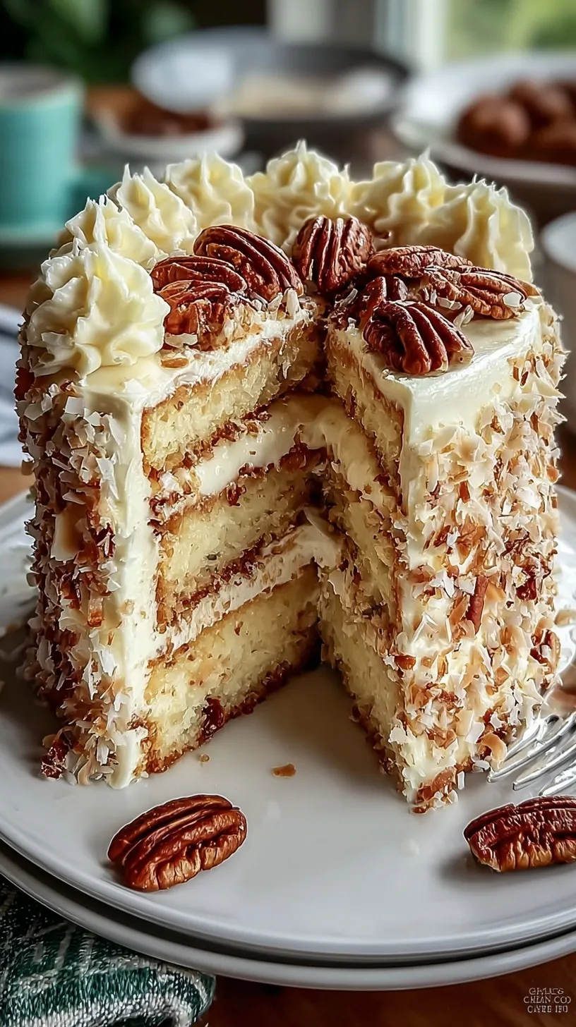 A beautiful two-layer Quick Italian Cream Cake topped with chopped pecans and smooth cream cheese frosting.