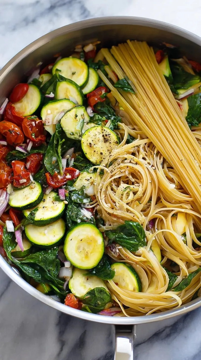 A skillet filled with angel hair pasta, fresh spinach, and sliced zucchini in a light parmesan sauce.