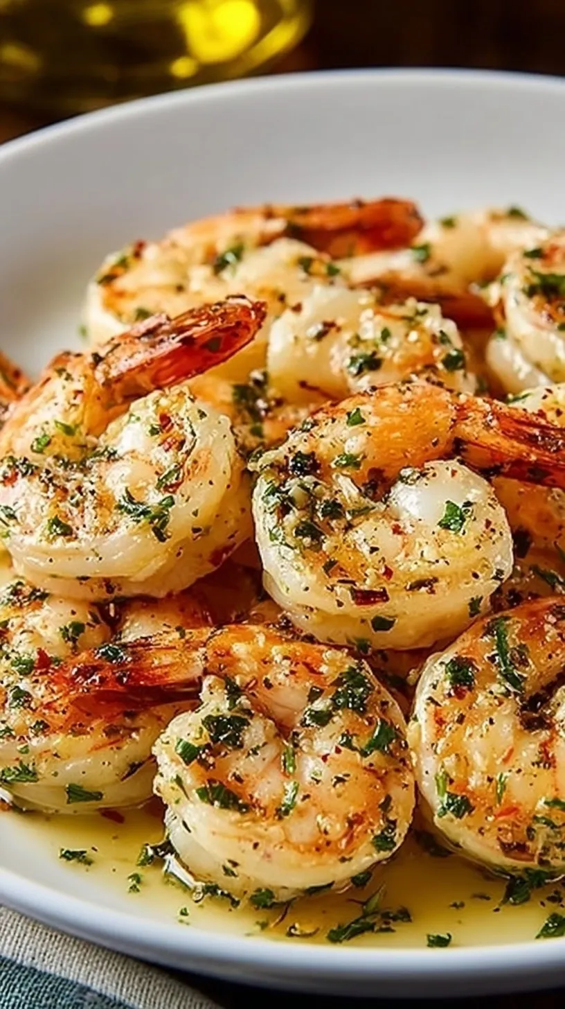 Buttery garlic shrimp scampi in a baking dish topped with fresh parsley and parmesan cheese.