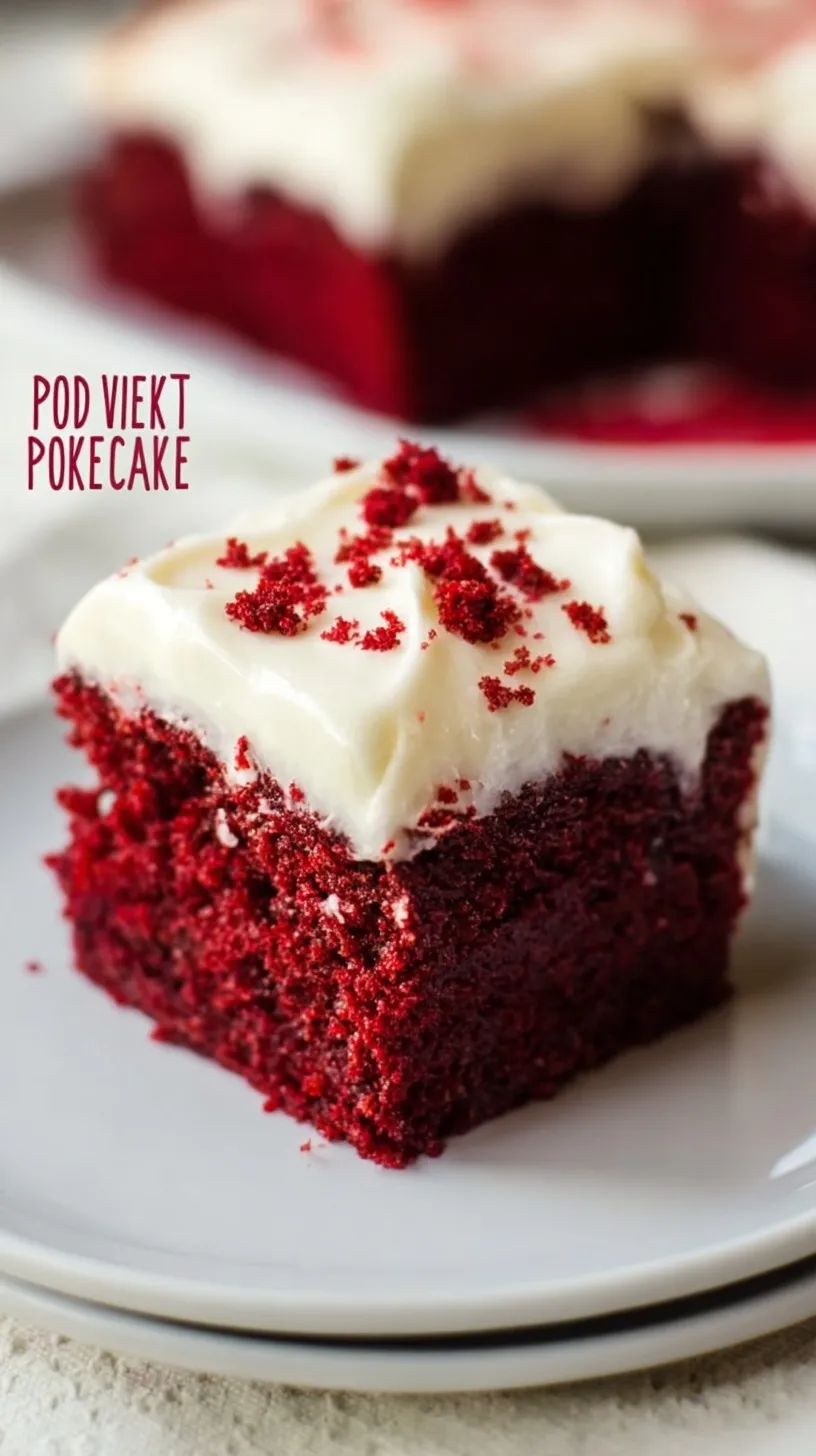 A slice of red velvet poke cake with white cream cheese frosting on a white plate.