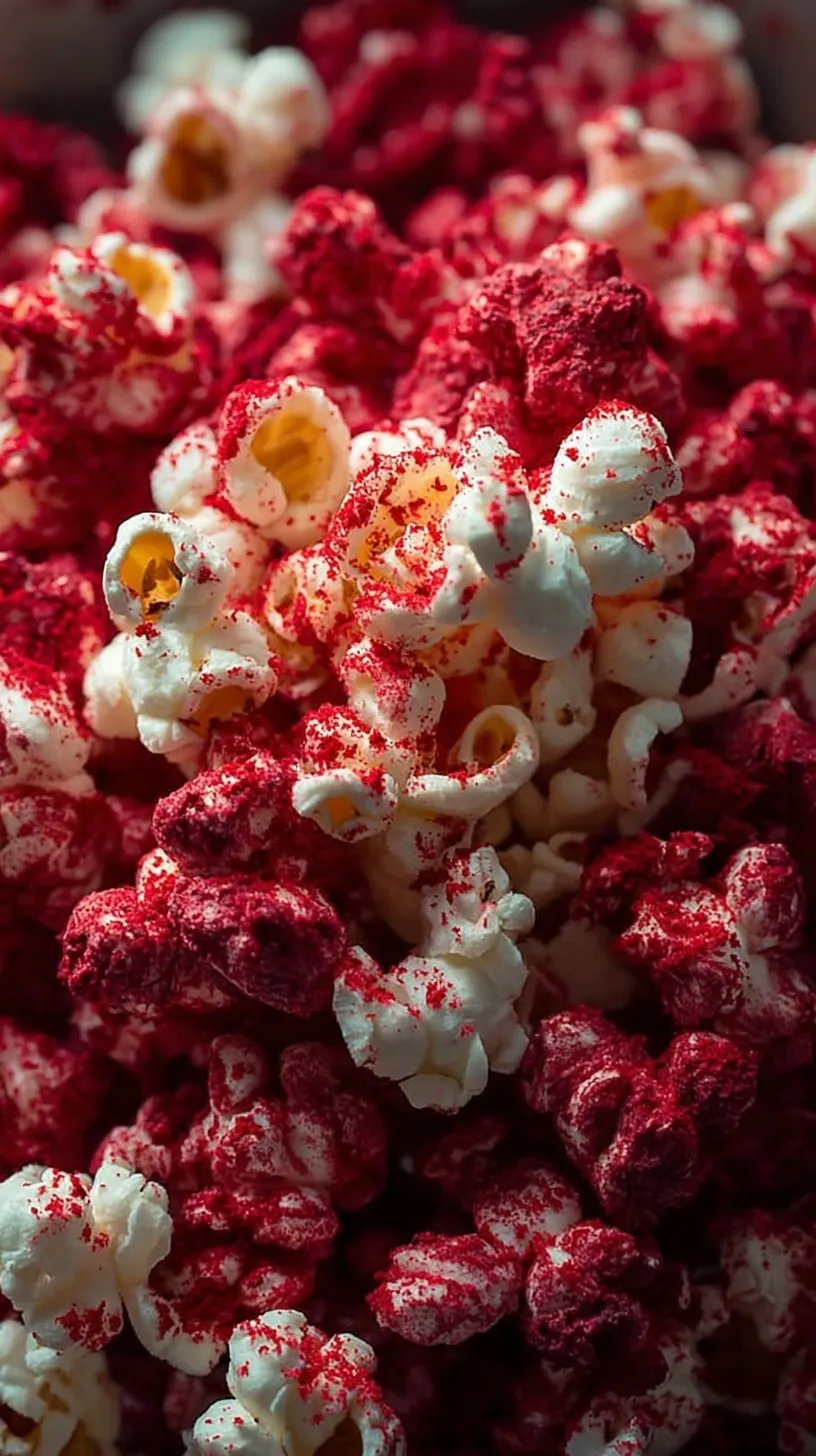 A bowl of vibrant red velvet popcorn coated in white chocolate with a white chocolate drizzle and red sprinkles.