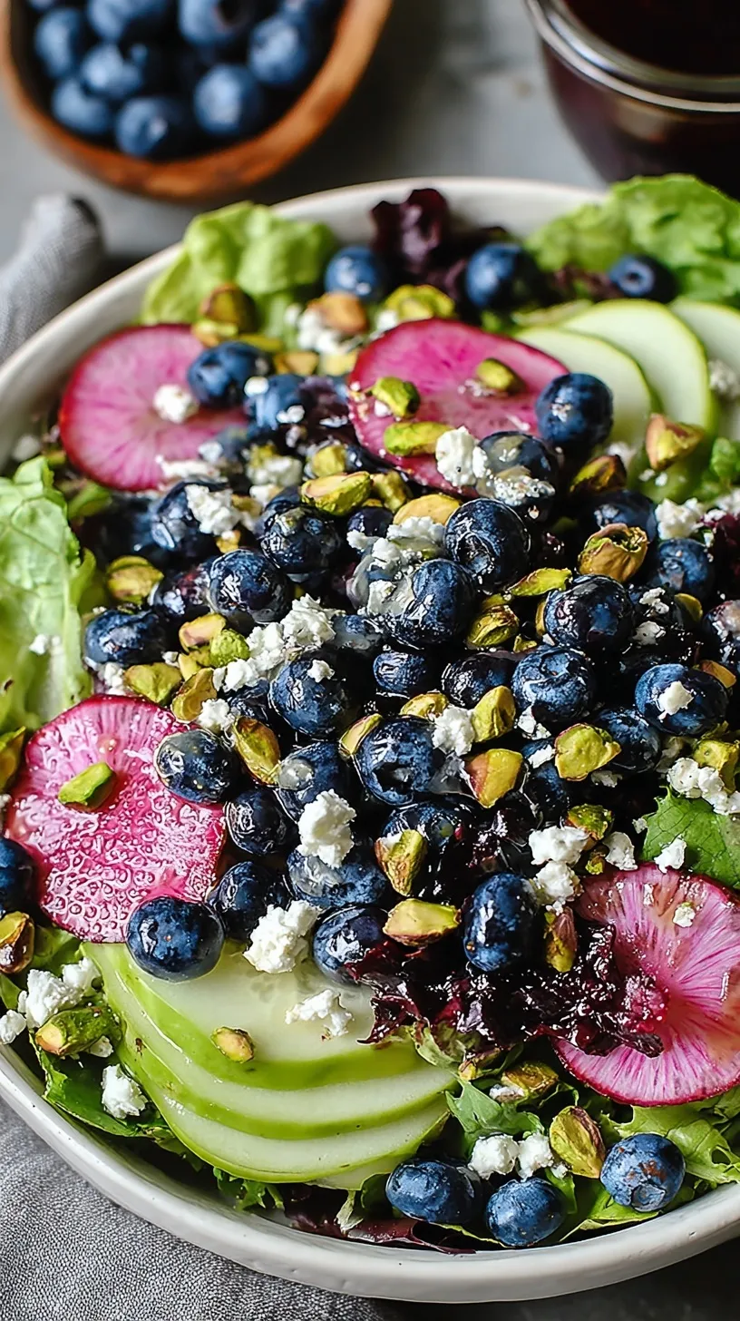 A vibrant green salad with fresh blueberries, green pistachios, and white goat cheese crumbles in a large bowl.