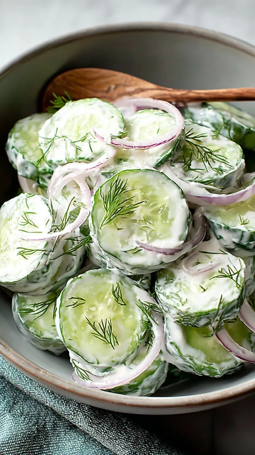 A glass bowl filled with sliced cucumbers and red onions in a creamy white dressing with fresh dill.