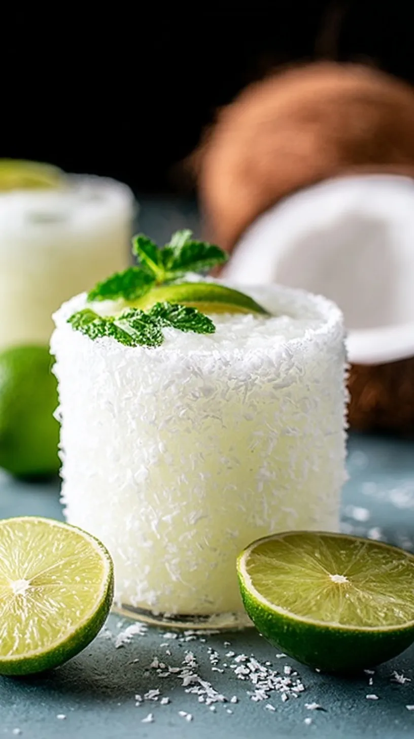 A creamy coconut margarita in a salt and coconut rimmed glass with a lime wedge garnish.