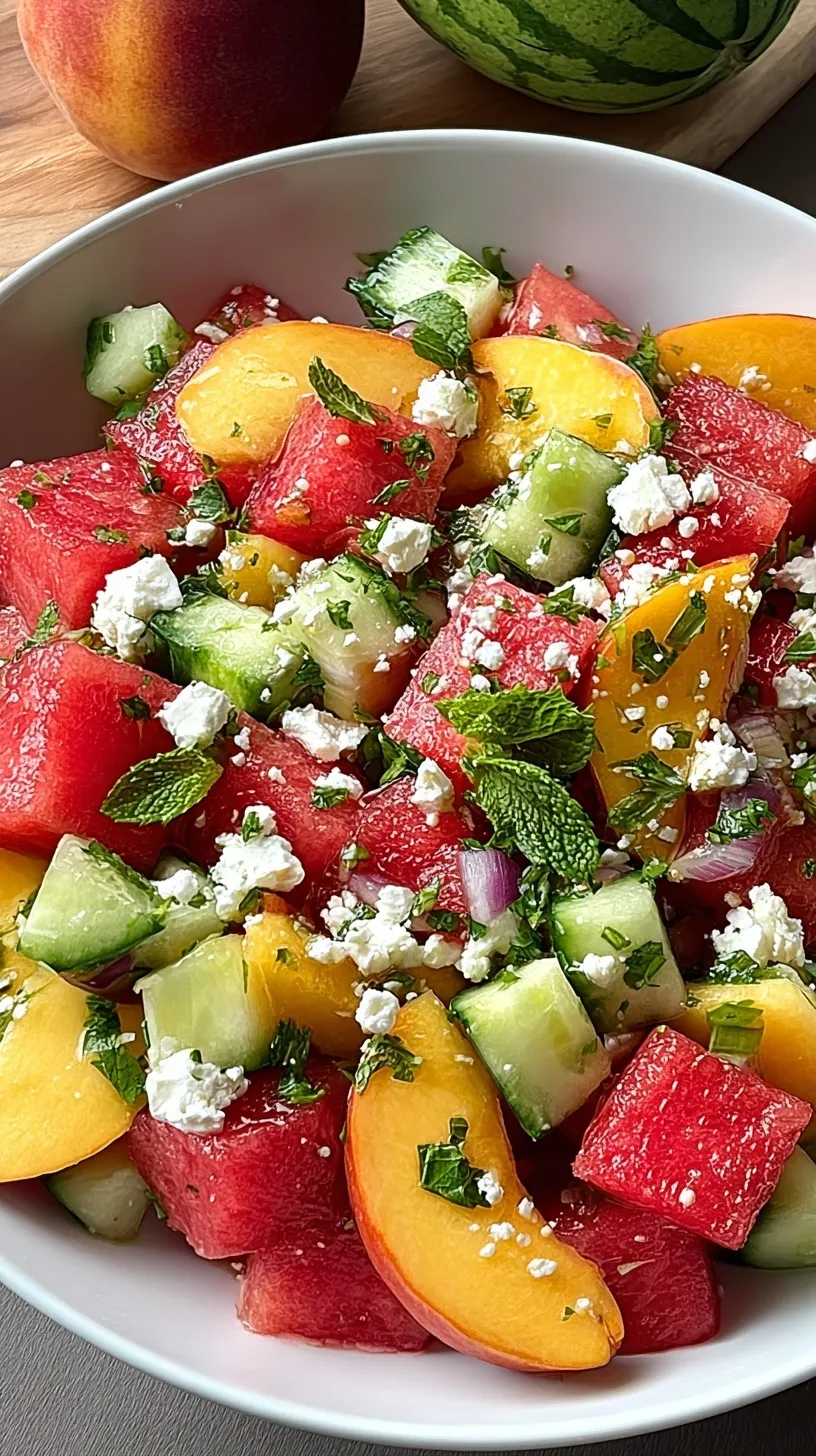 A vibrant summer salad with cubed watermelon, sliced peaches, feta cheese, and fresh mint on a white platter.