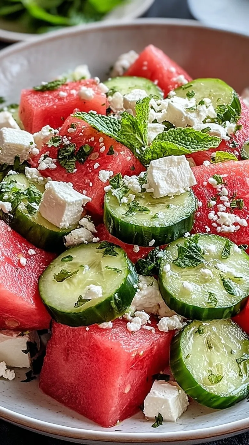 A vibrant bowl of cubed watermelon, sliced cucumber, and crumbled feta cheese garnished with fresh mint.