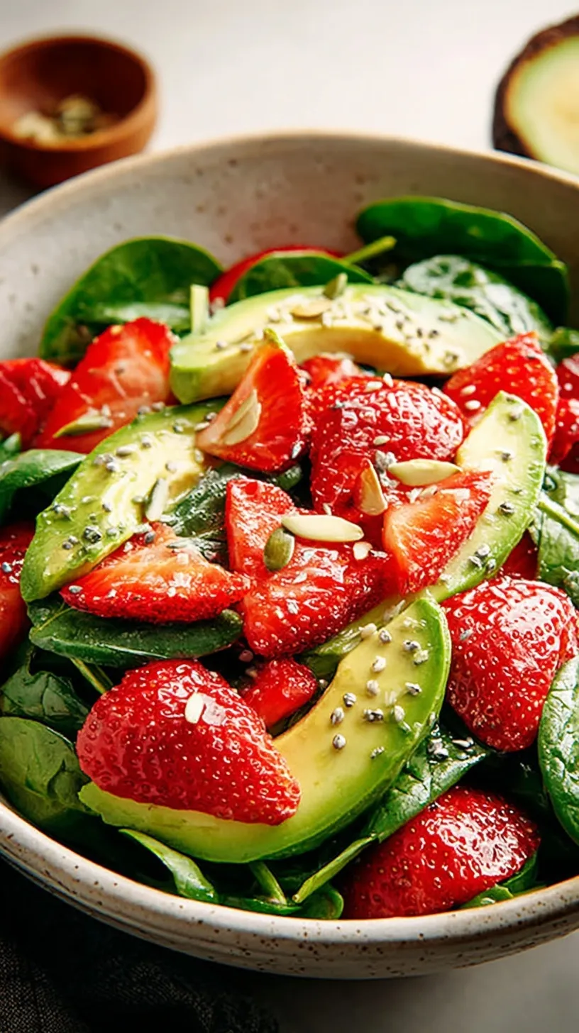 A fresh bowl of strawberry spinach salad topped with avocado and goat cheese