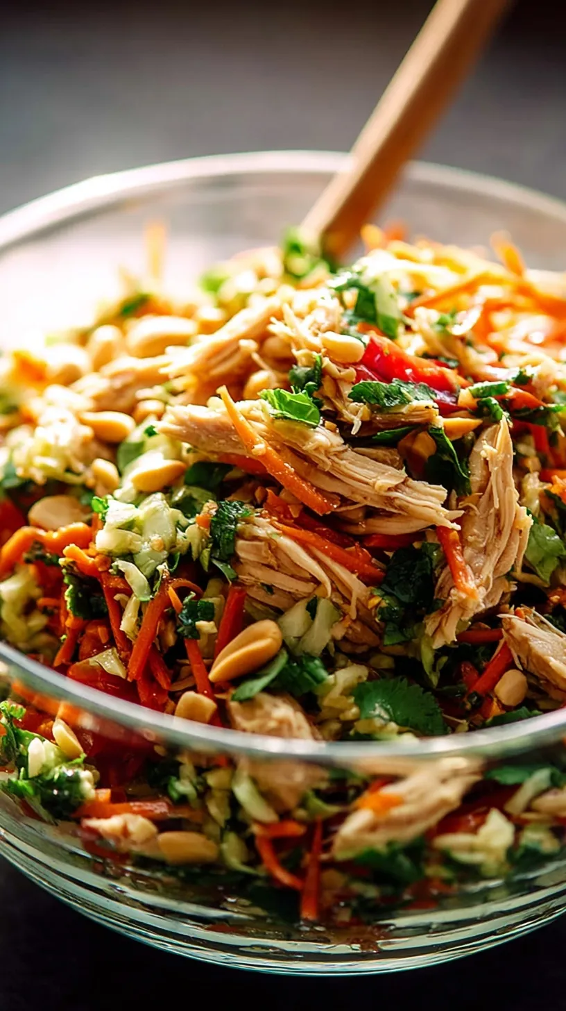 A colorful Chopped Thai Chicken Salad in a bowl with peanut dressing and crushed peanuts