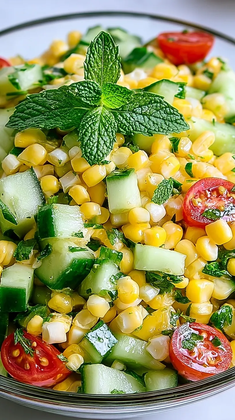 A bright bowl of summer corn salad with cucumbers, tomatoes, and feta cheese