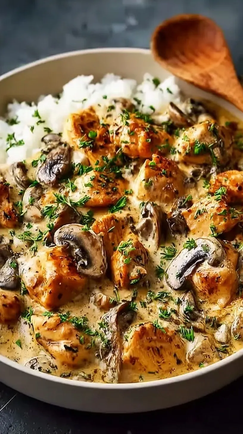 A skillet of creamy chicken stroganoff with mushrooms and egg noodles