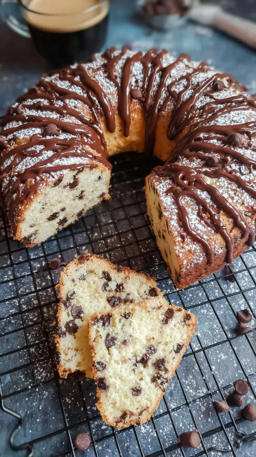 A beautiful golden Ricotta Chocolate Chip Cake on a wire rack with a dusting of powdered sugar.