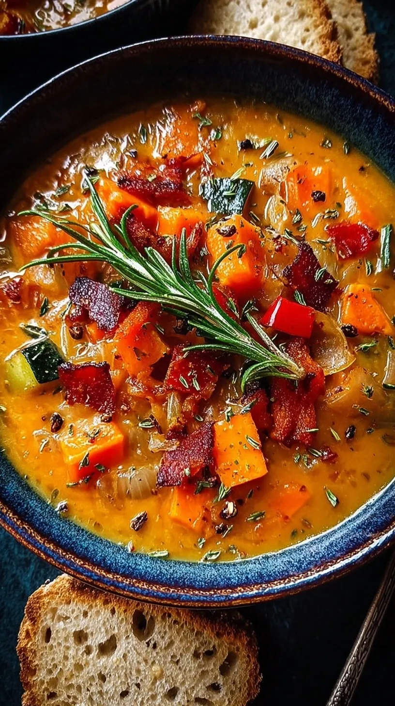 A warm bowl of creamy orange roasted vegetable soup topped with fresh herbs and black pepper.