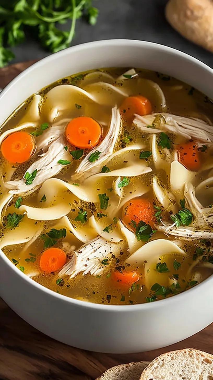 A steaming bowl of rotisserie chicken noodle soup with wide egg noodles and fresh parsley.