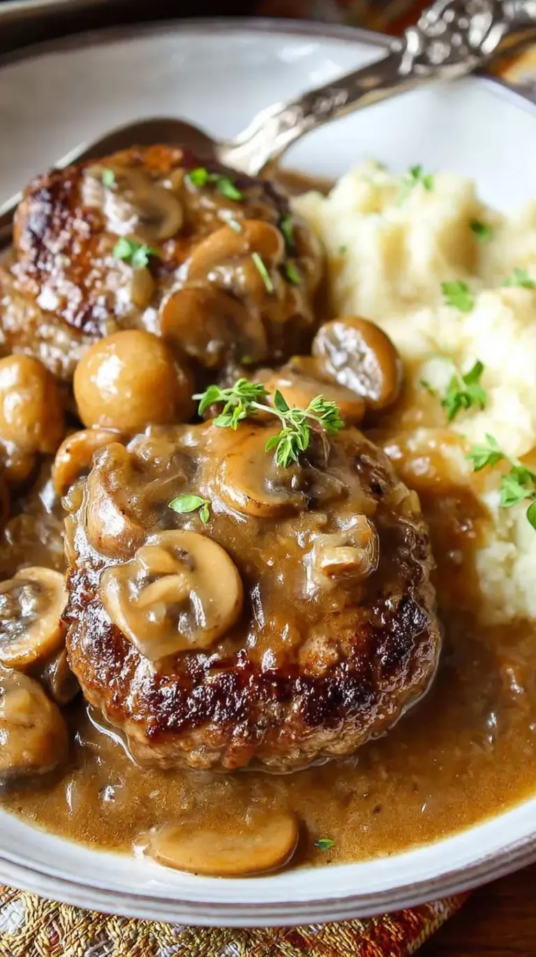 Juicy ground beef patties smothered in a rich brown mushroom and onion gravy in a black skillet.