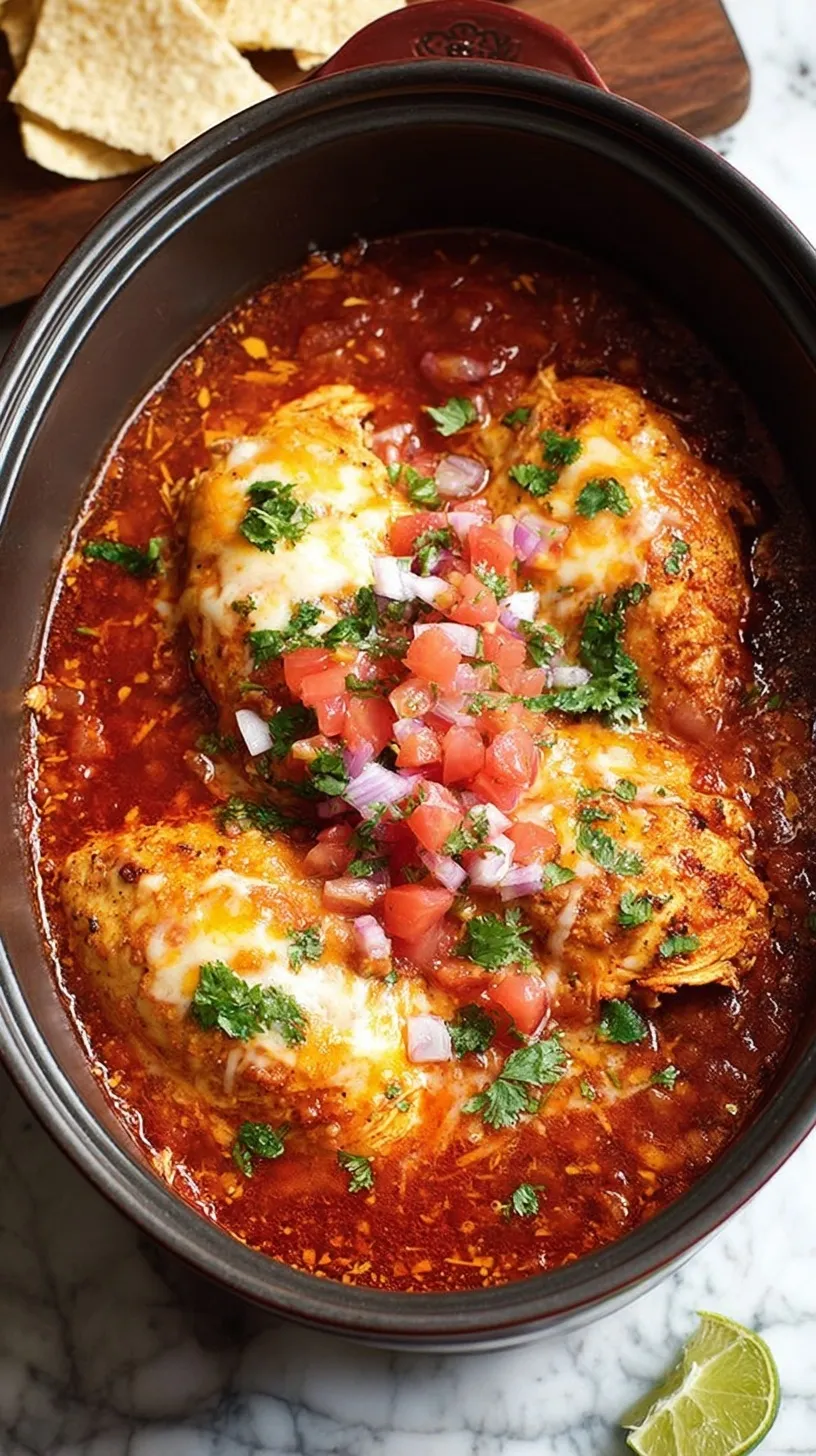 Shredded salsa chicken in a slow cooker topped with fresh lime and cilantro