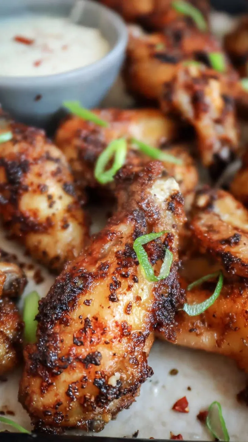 Golden brown and crispy air fryer chicken wings seasoned with salt and cracked black pepper on a serving platter.