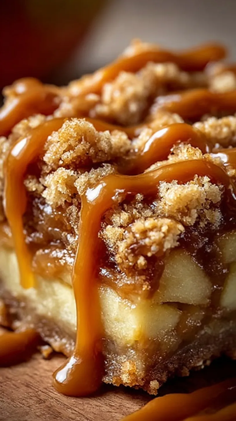 A stack of Salted Caramel Apple Crumble Bars with a gooey caramel drizzle and sea salt on top.