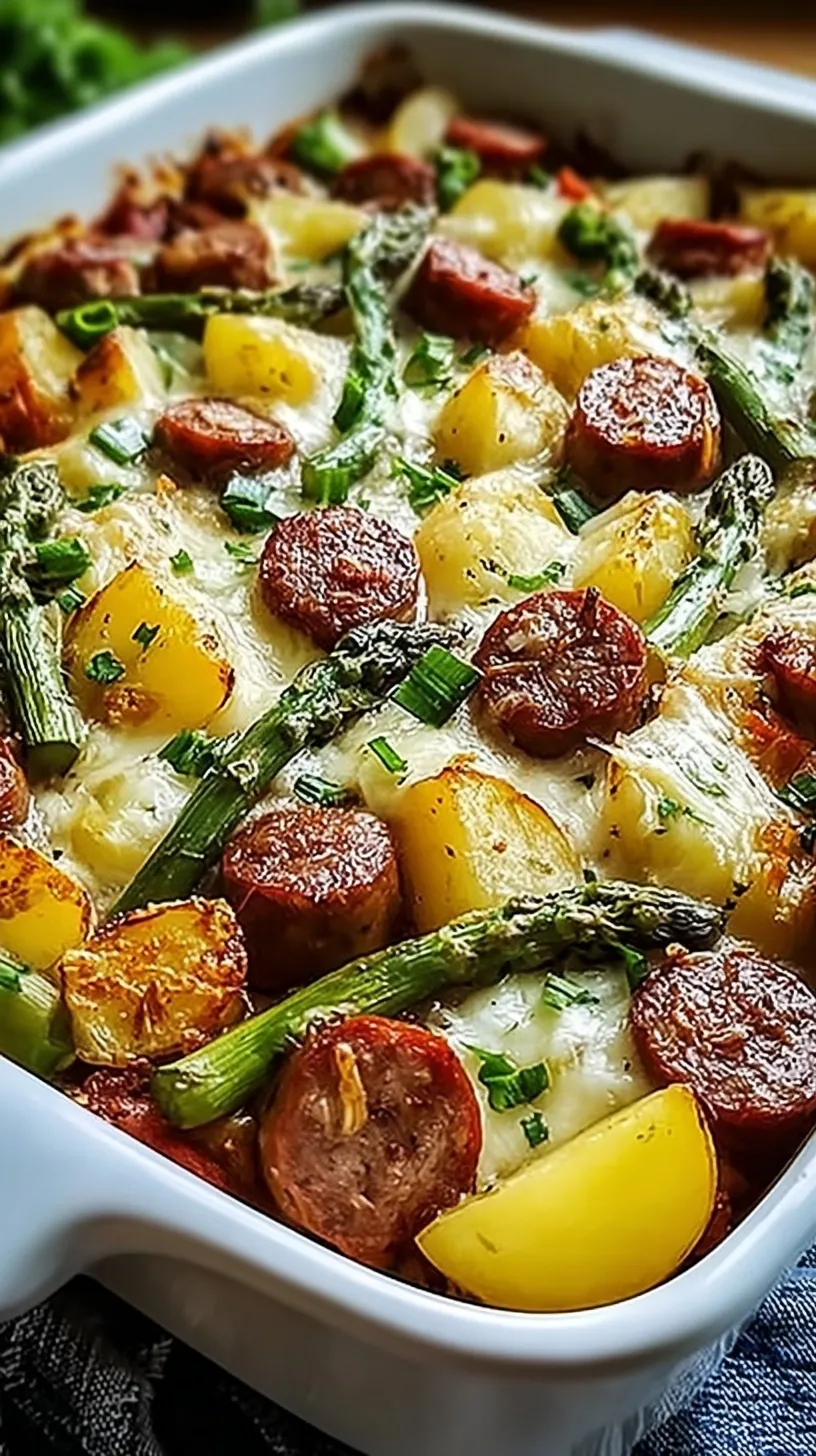 A golden brown sausage and potato casserole in a baking dish with green asparagus and melted cheese.